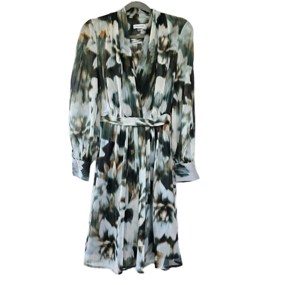 Calvin Klein Women's Midi Dress Sz 4 Lined Green White Black Shimmer New Modest